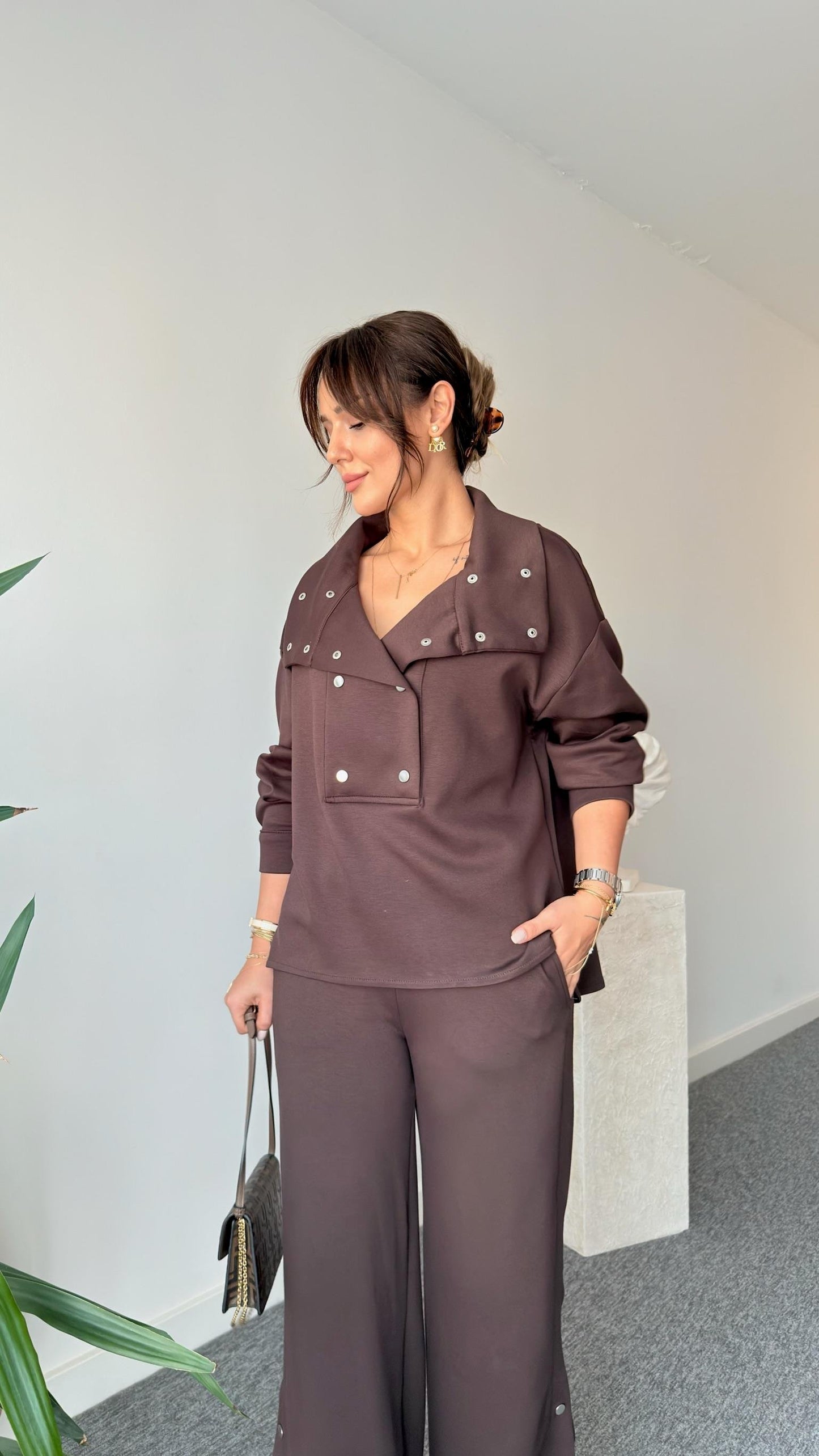 Brown Cotton button details Tracksuit
