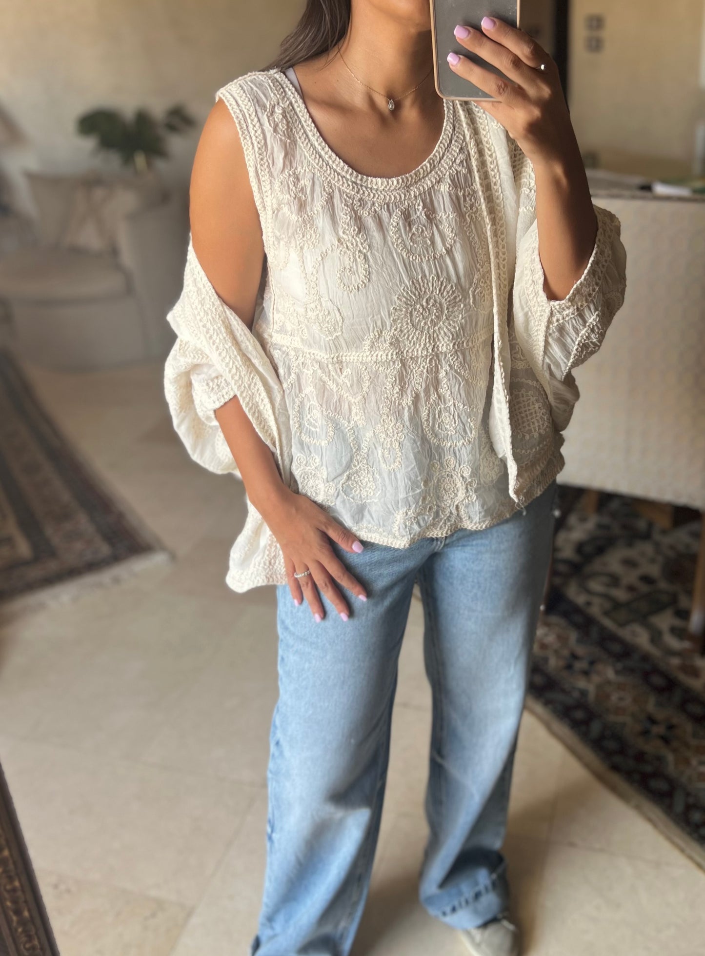 Beige Crochet 2 Pieces Cardigan with sleeveless Top