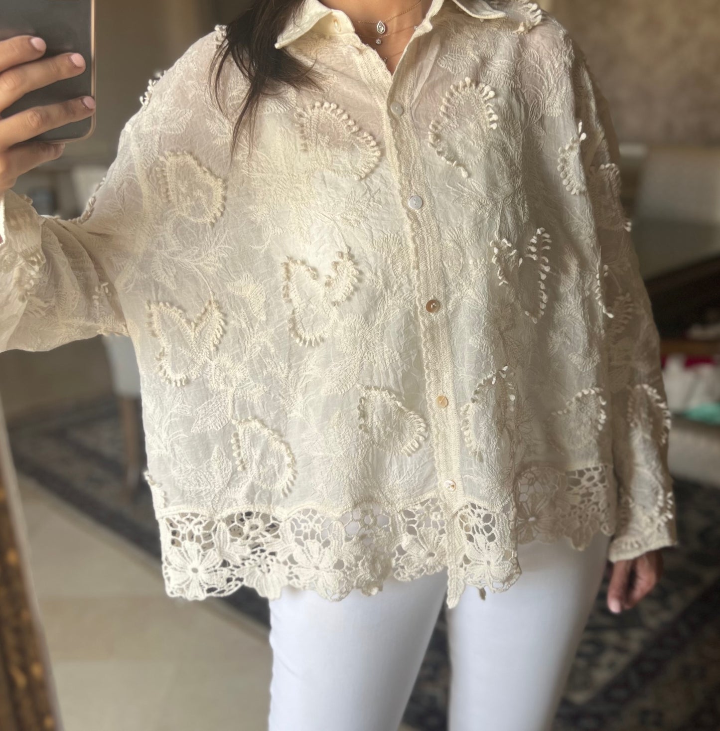 Beige chifon Shirt with crochet Edges