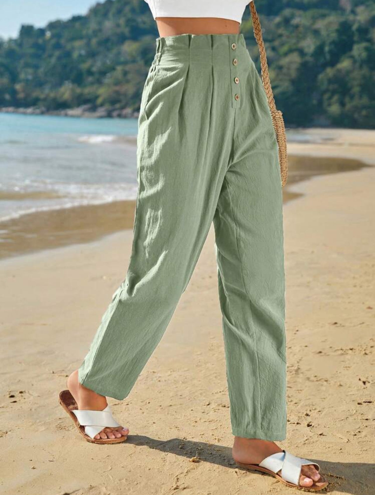 100% Cotton Green High waist button fly fold pleated pants