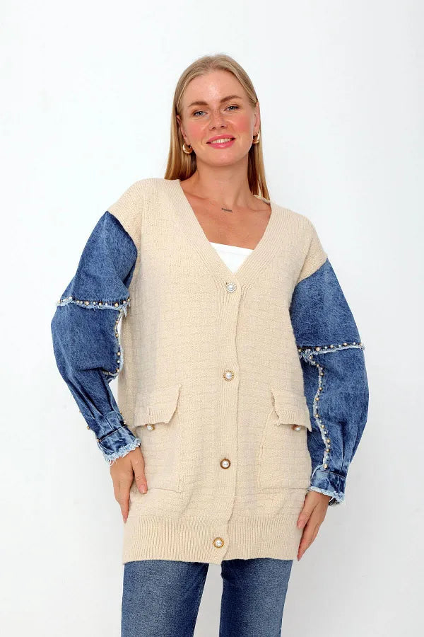 Denim Sleeves Knit Cardigan