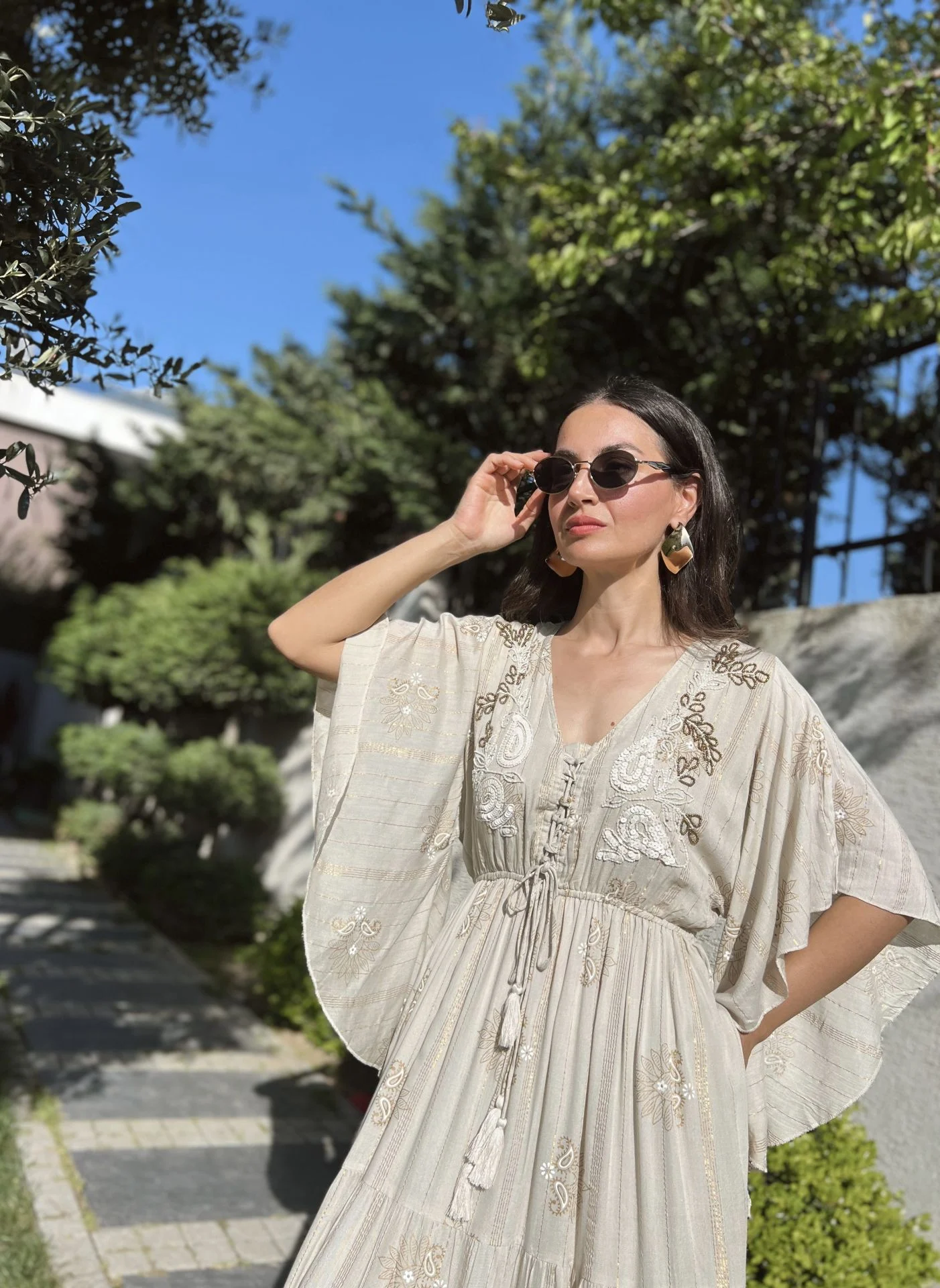 Embroidered Beige Maxi Dress
