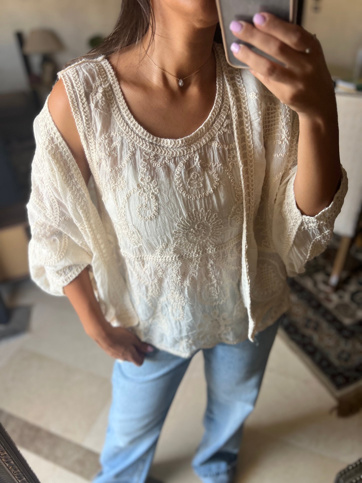 Beige Crochet 2 Pieces Cardigan with sleeveless Top