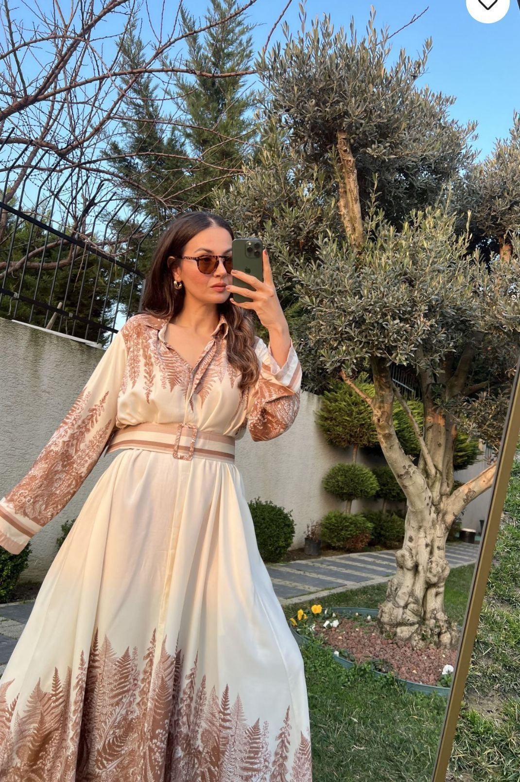 Beige Leaves Shirt Dress With Belt