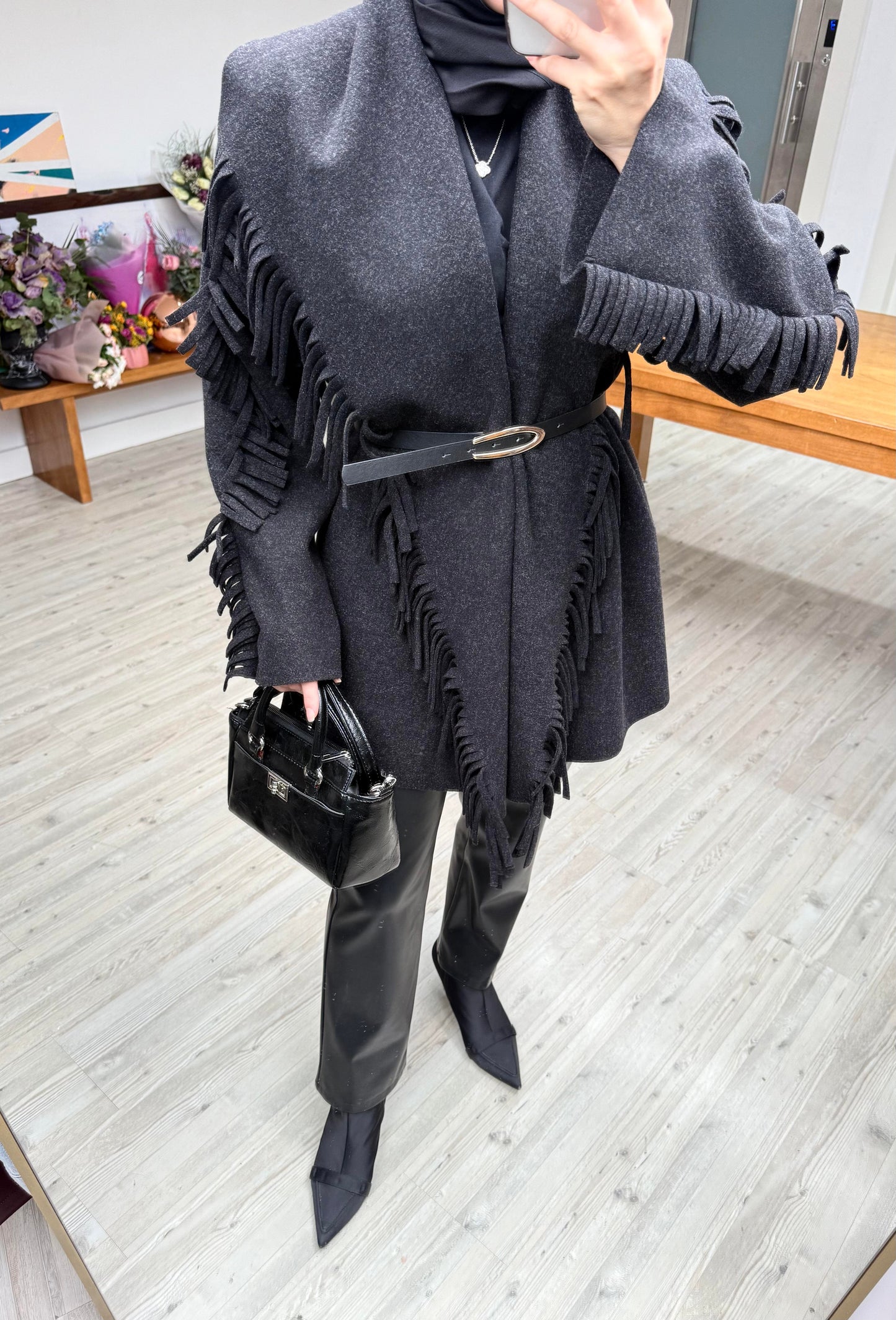Black Wool fringes cardigan with belt