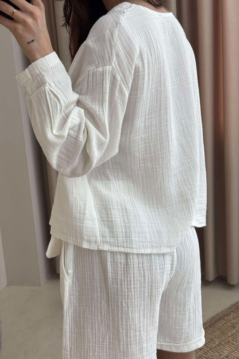 Muslin Cotton white Blouse/Short Set