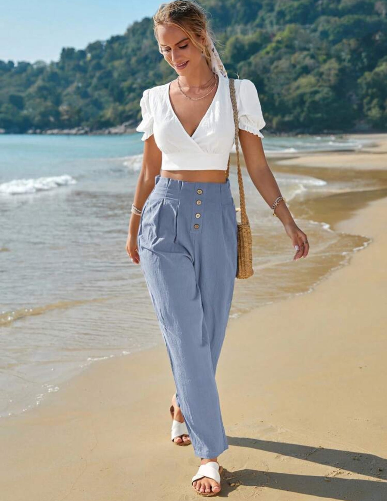 100% Cotton Blue High waist button fly fold pleated pants