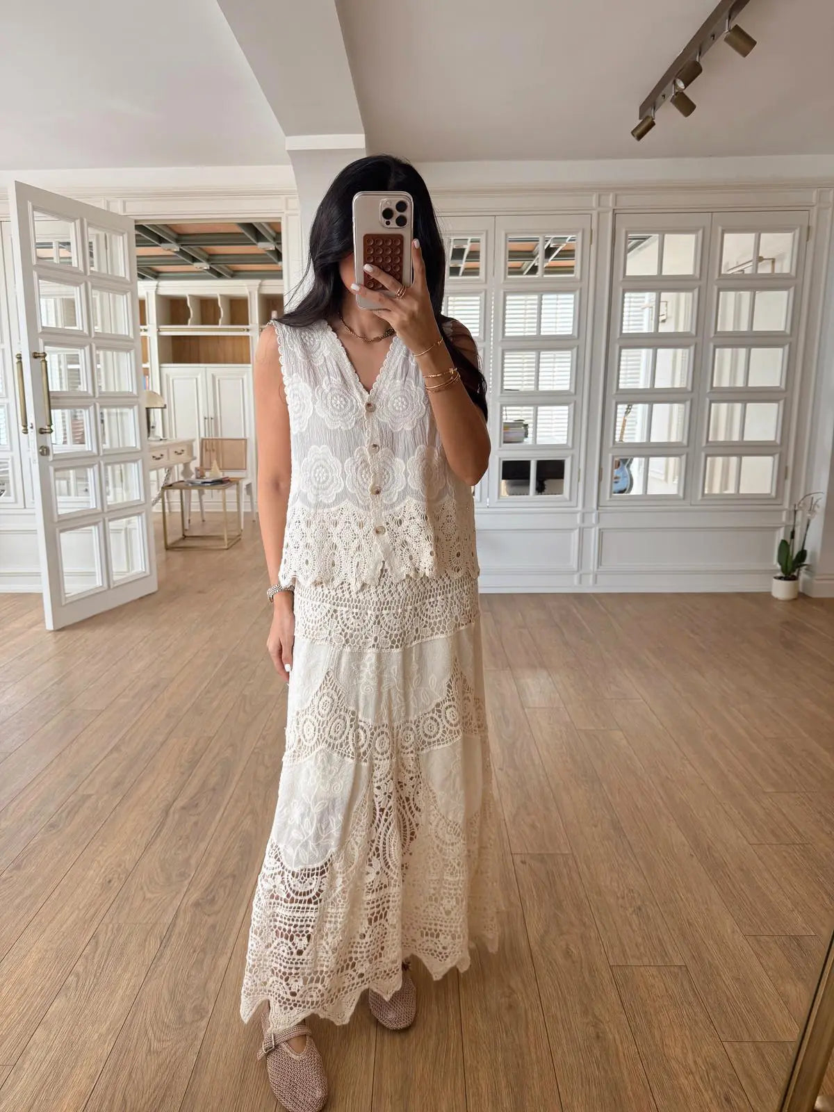 Emilly Beige Lined Premium Cutwork Skirt