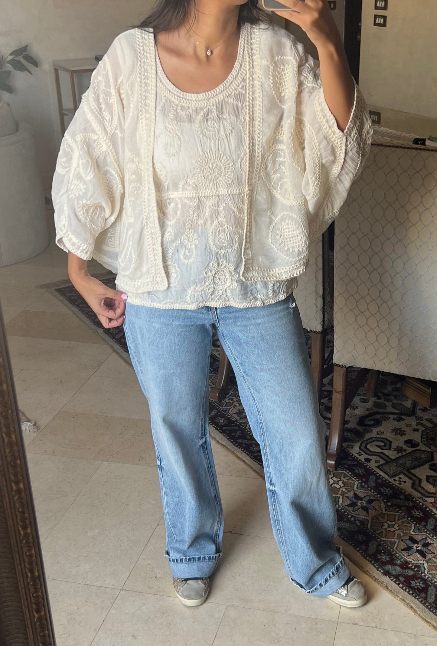 Beige Crochet 2 Pieces Cardigan with sleeveless Top