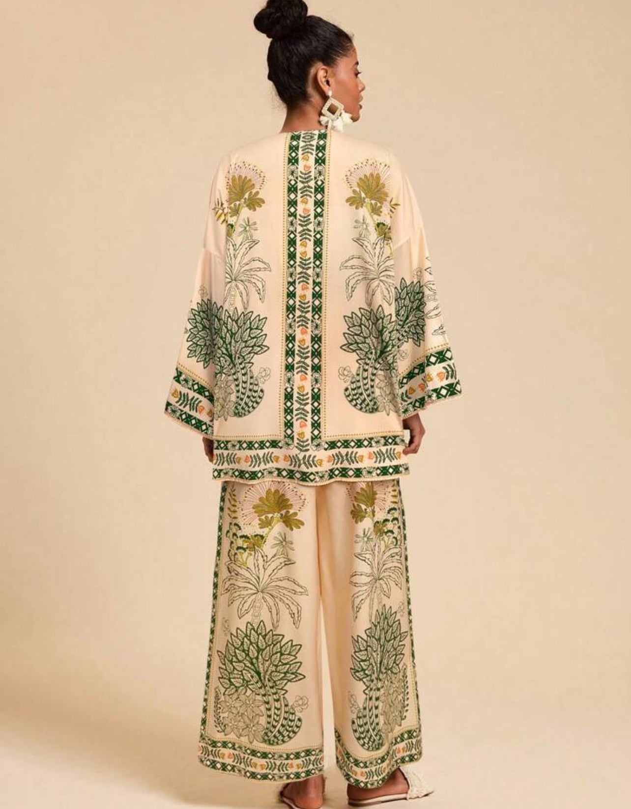 Printed Cardigan/wide Leg Pants Set