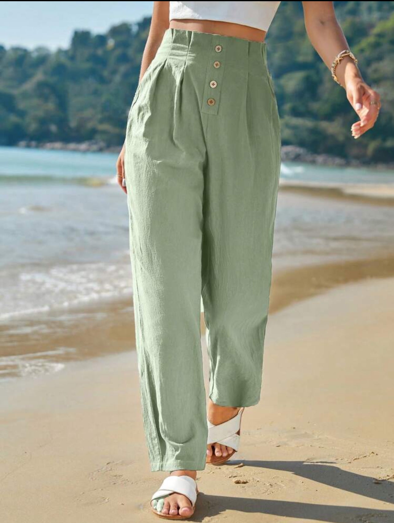 100% Cotton Green High waist button fly fold pleated pants