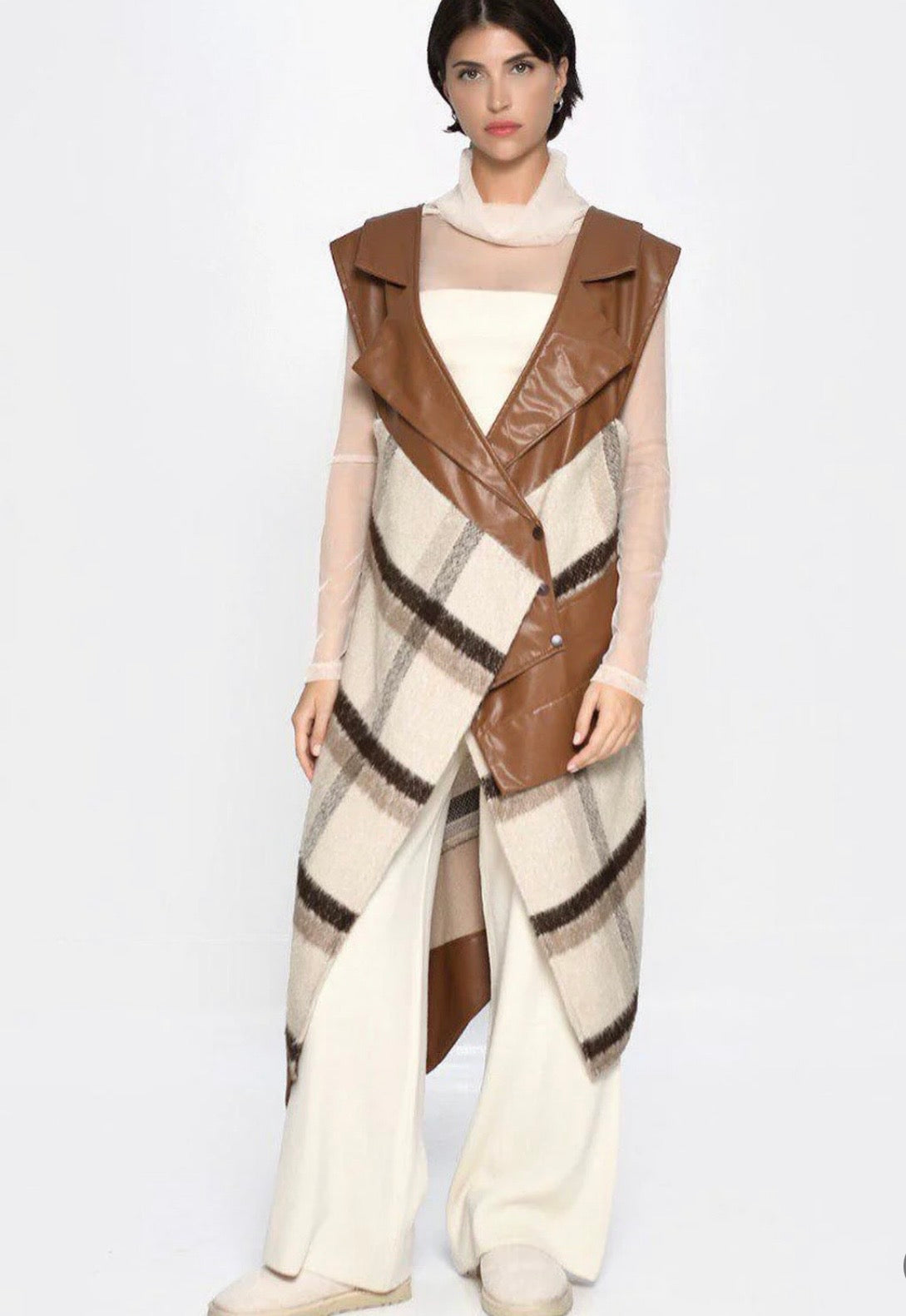 Leather*wool long cardigan