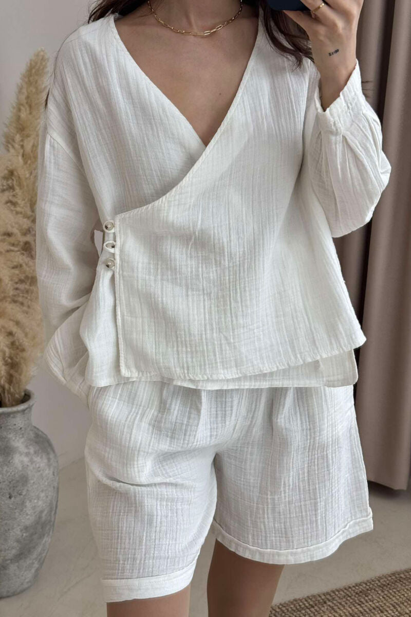 Muslin Cotton white Blouse/Short Set