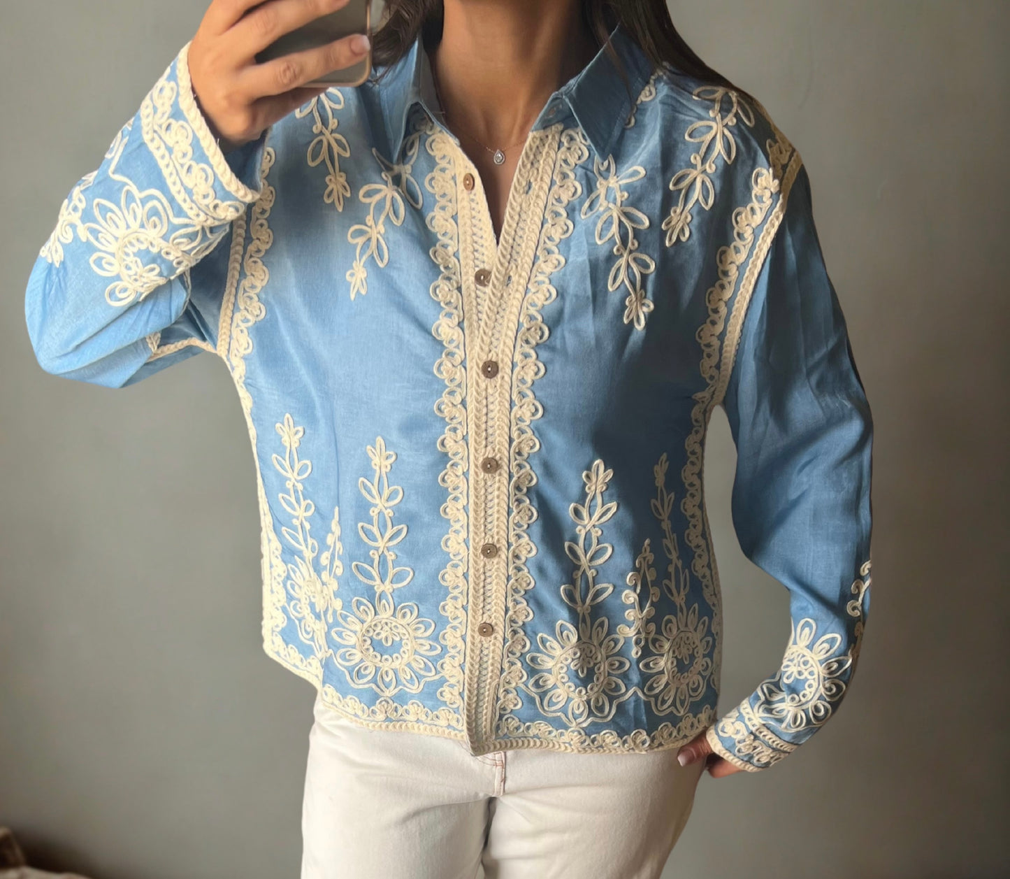 Blue Cotton Shirt with crochet details