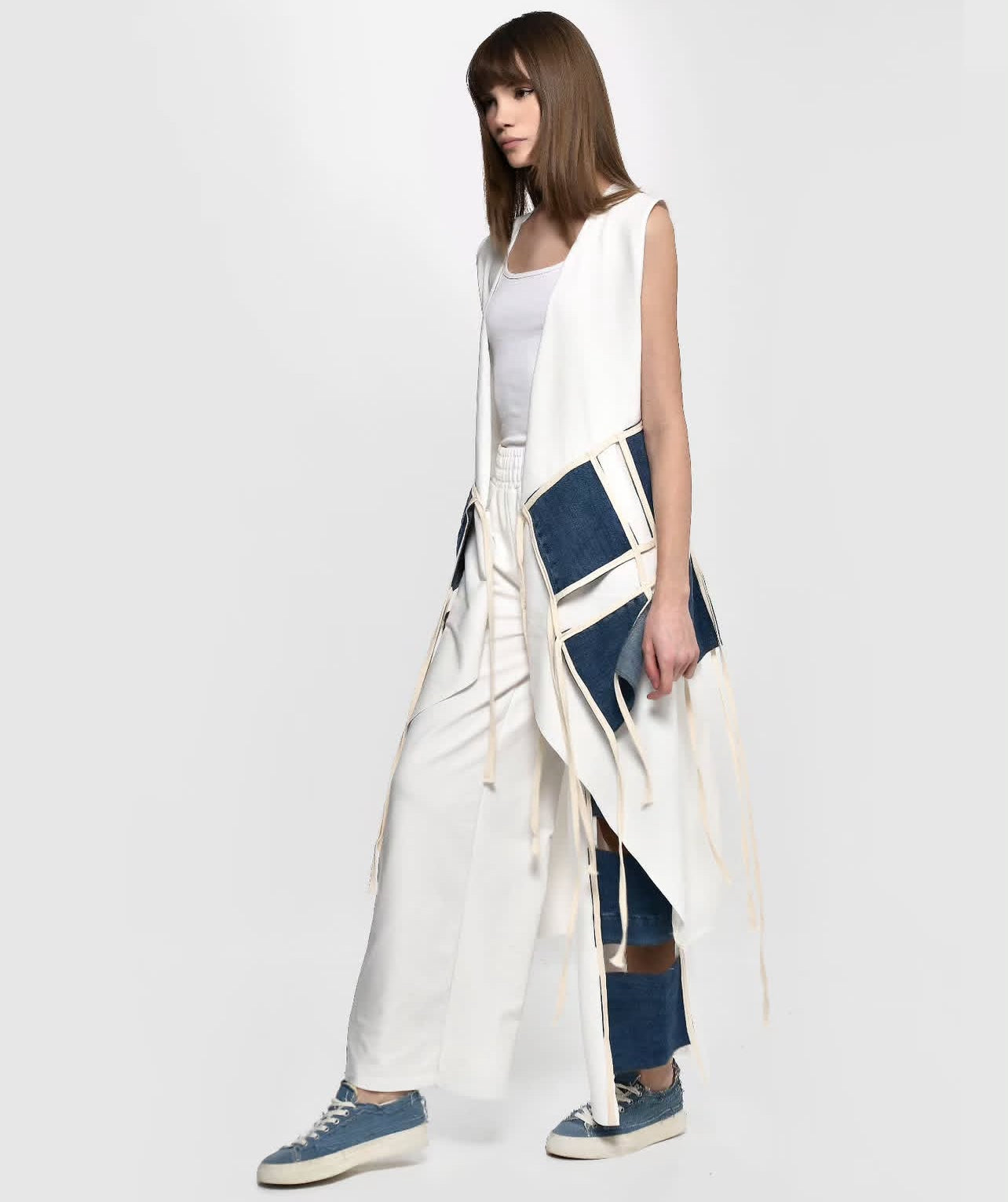 White x Denim patchwork Long Vest