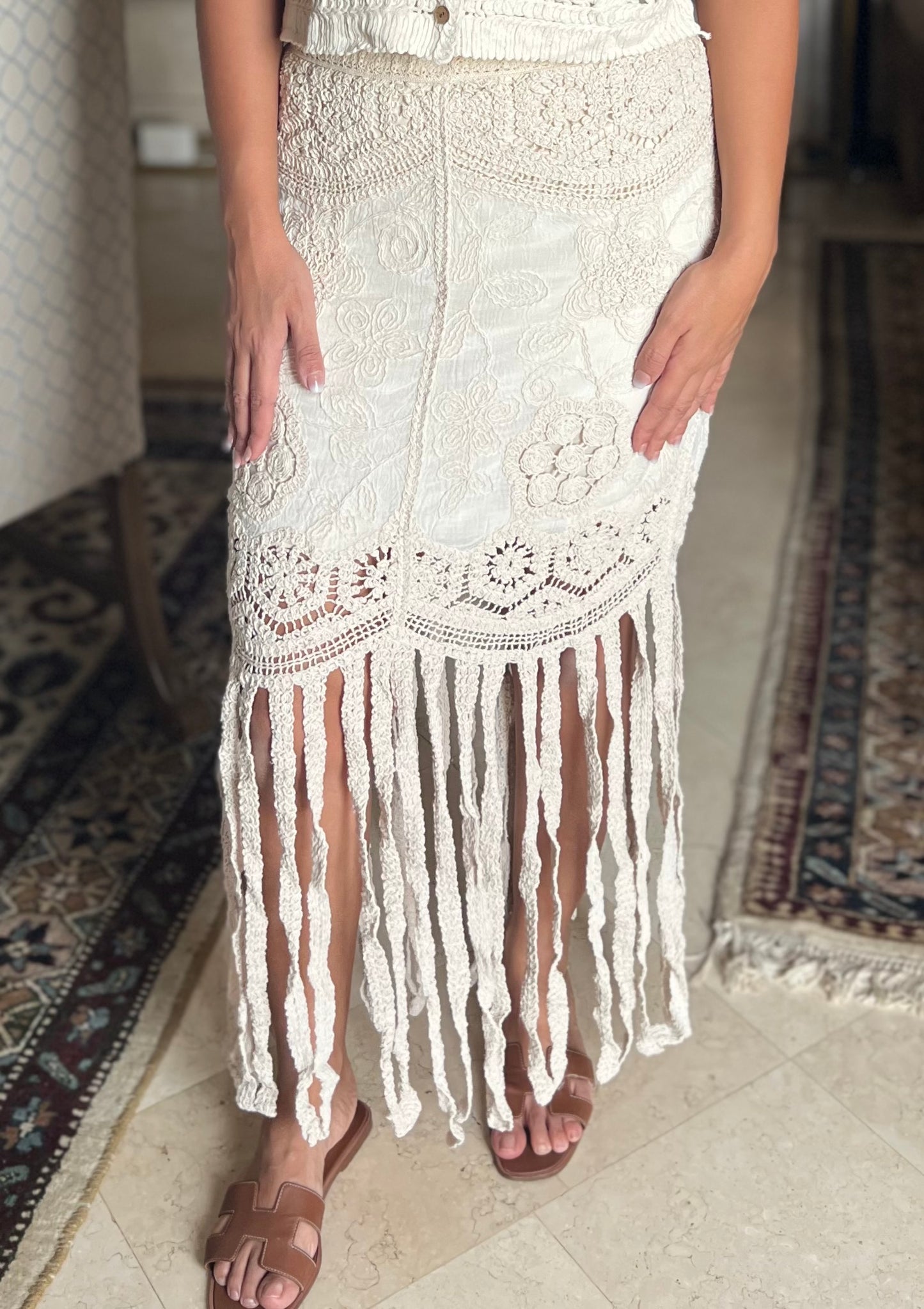 Crochet Beige Skirt with Tassels