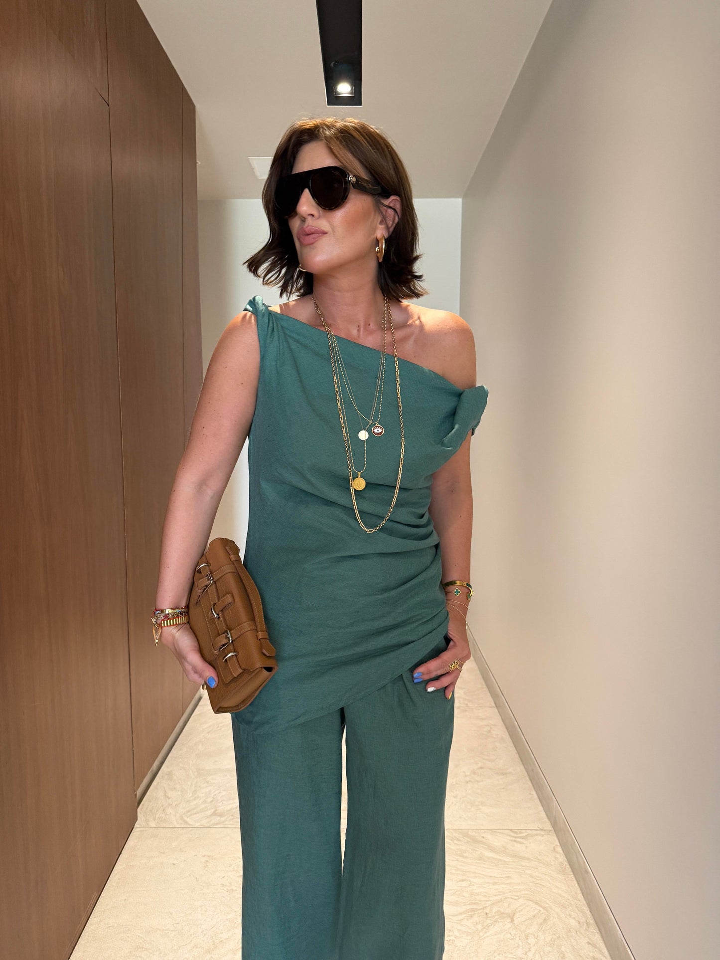 Green offshoulder linen Set