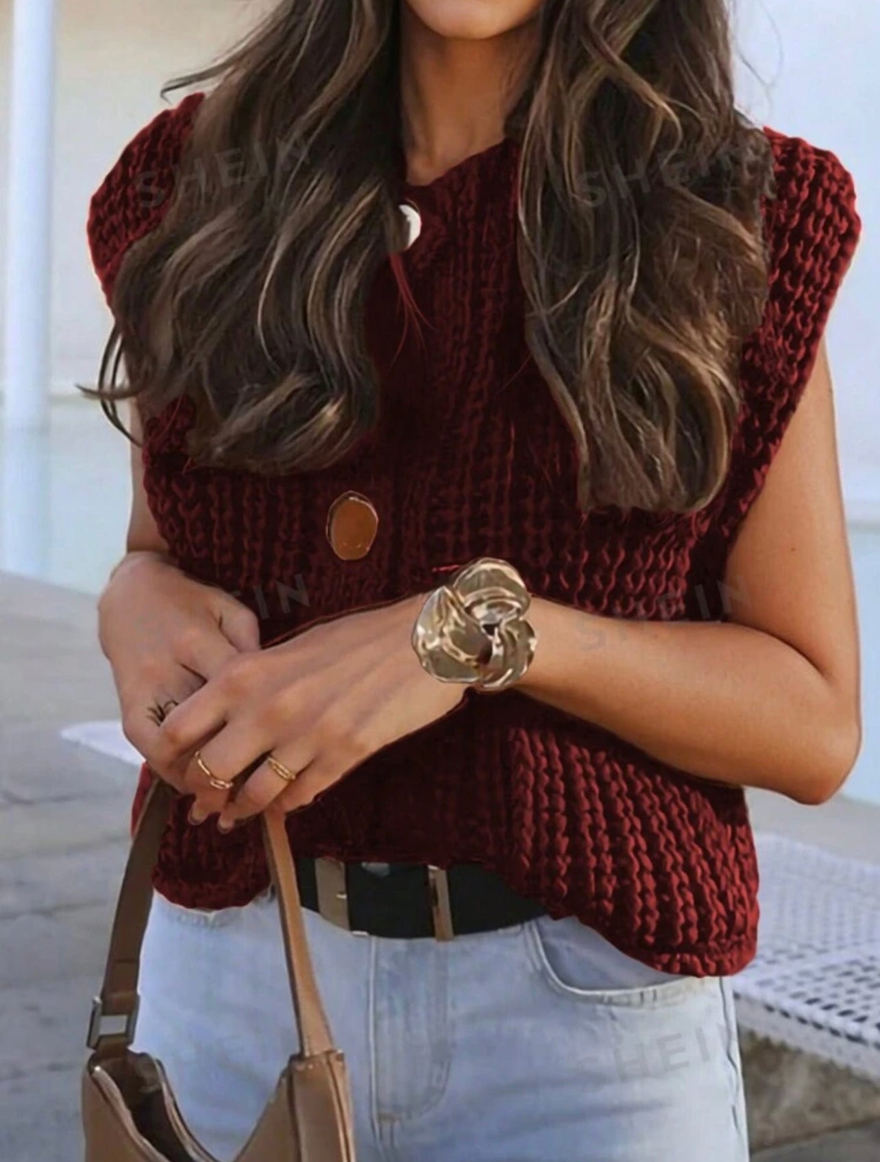 Hollow knit big button cardigan