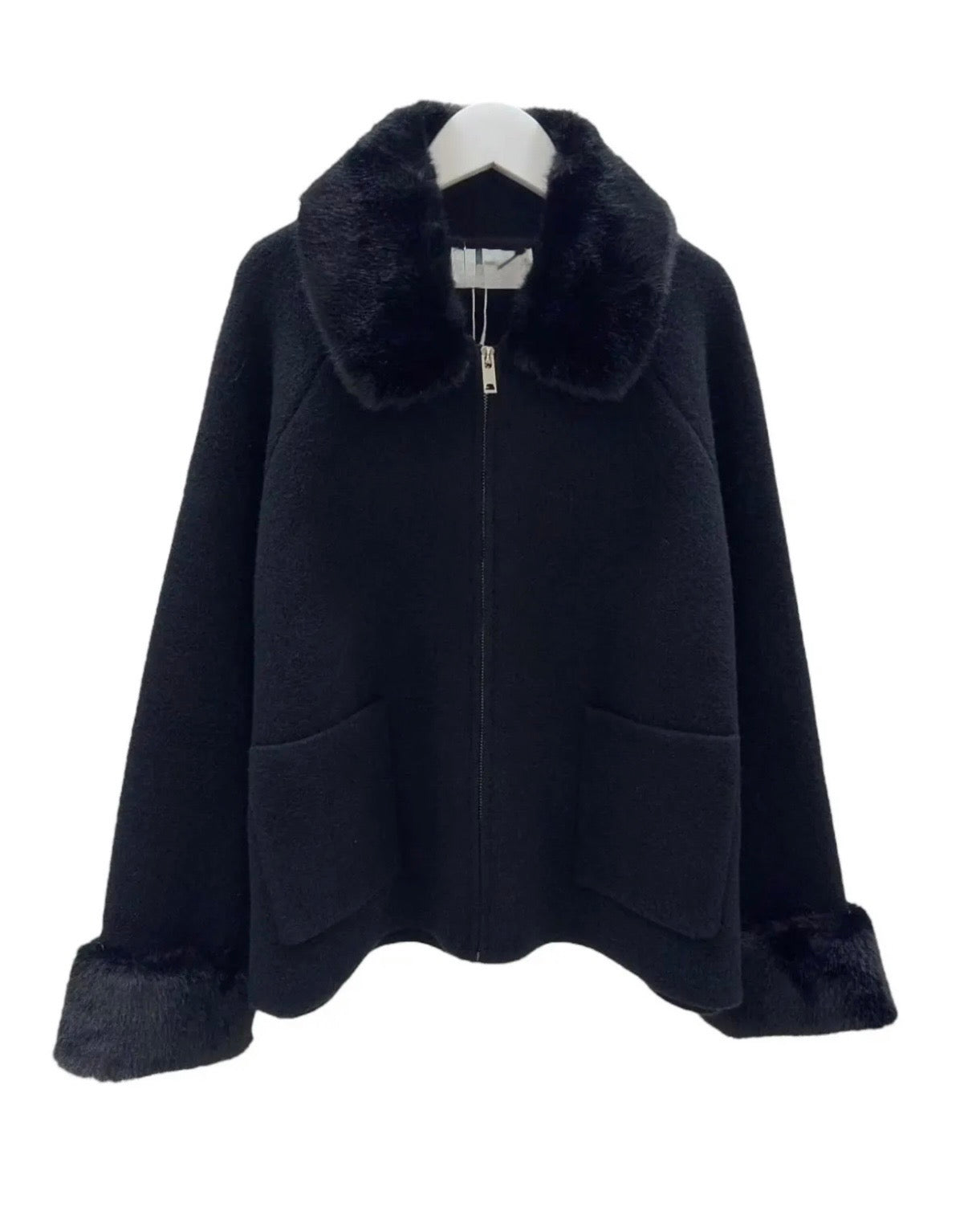 Black Knit Jacket with Faux fur collar and Sleeves