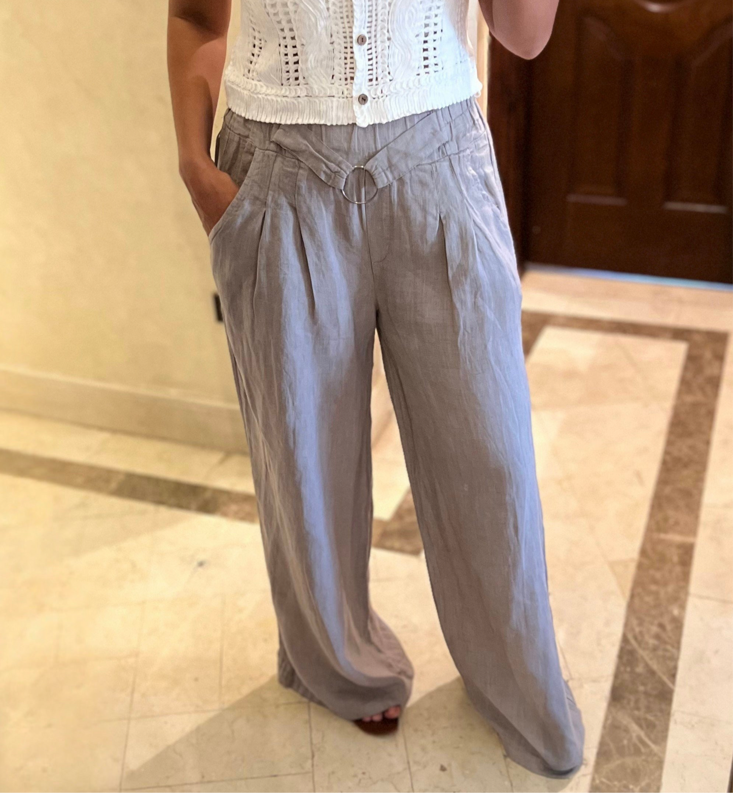 Italian 🇮🇹 Linen Greish Pants with Belt details