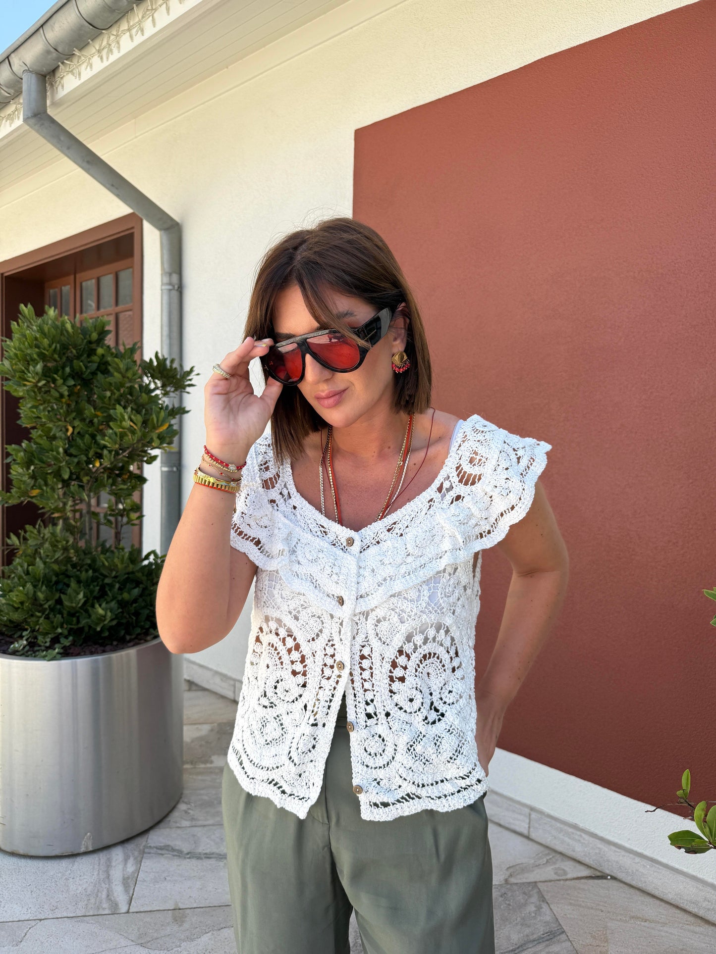 Crochet White Boat Neck Top
