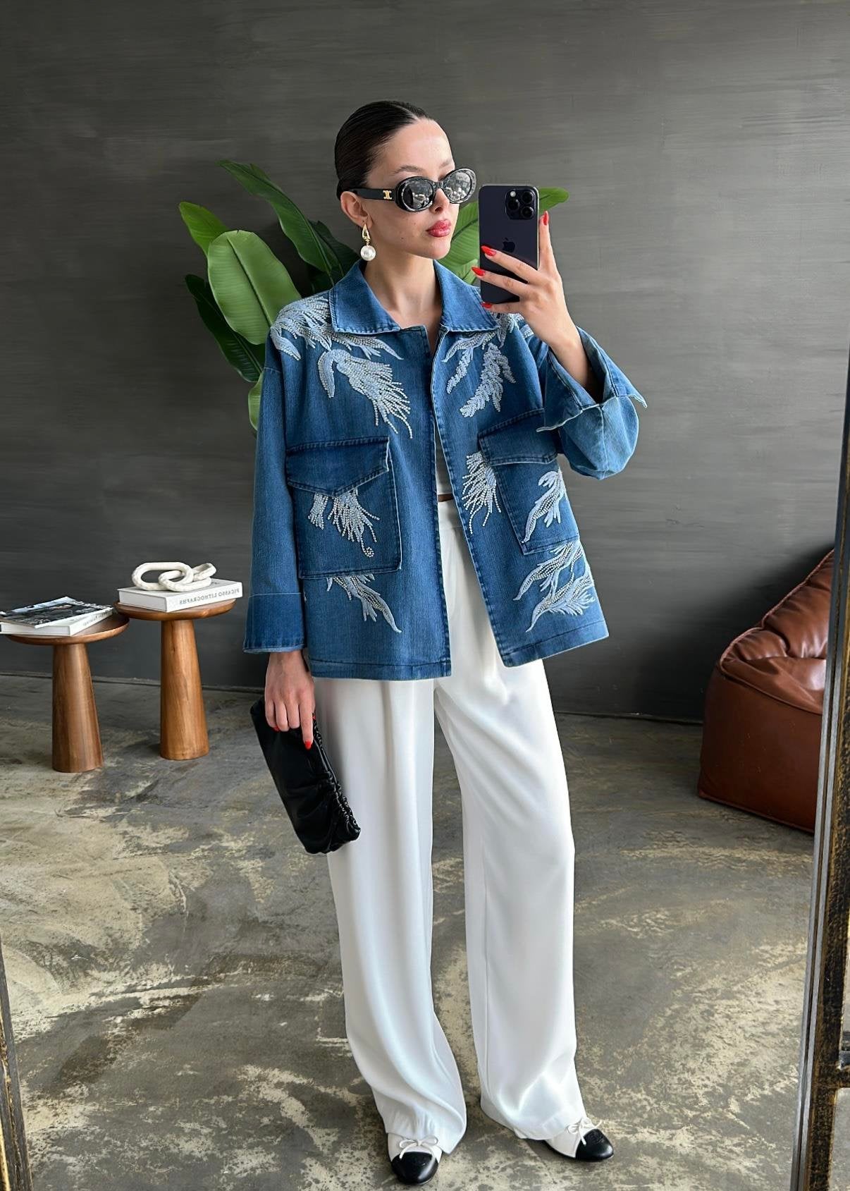 Embroidered Denim Jacket with Pockets