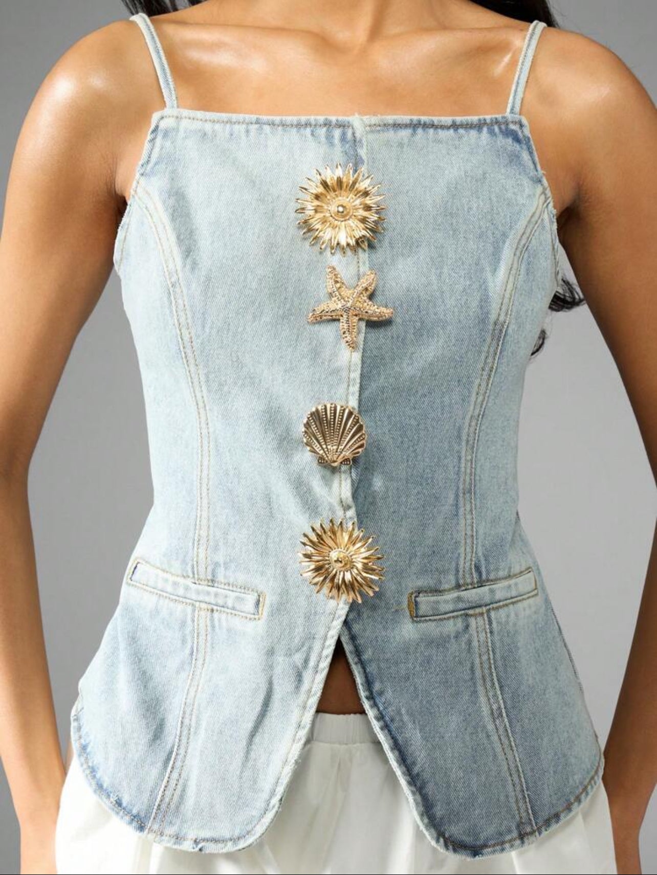 Denim Vest Shells Gold Buttons