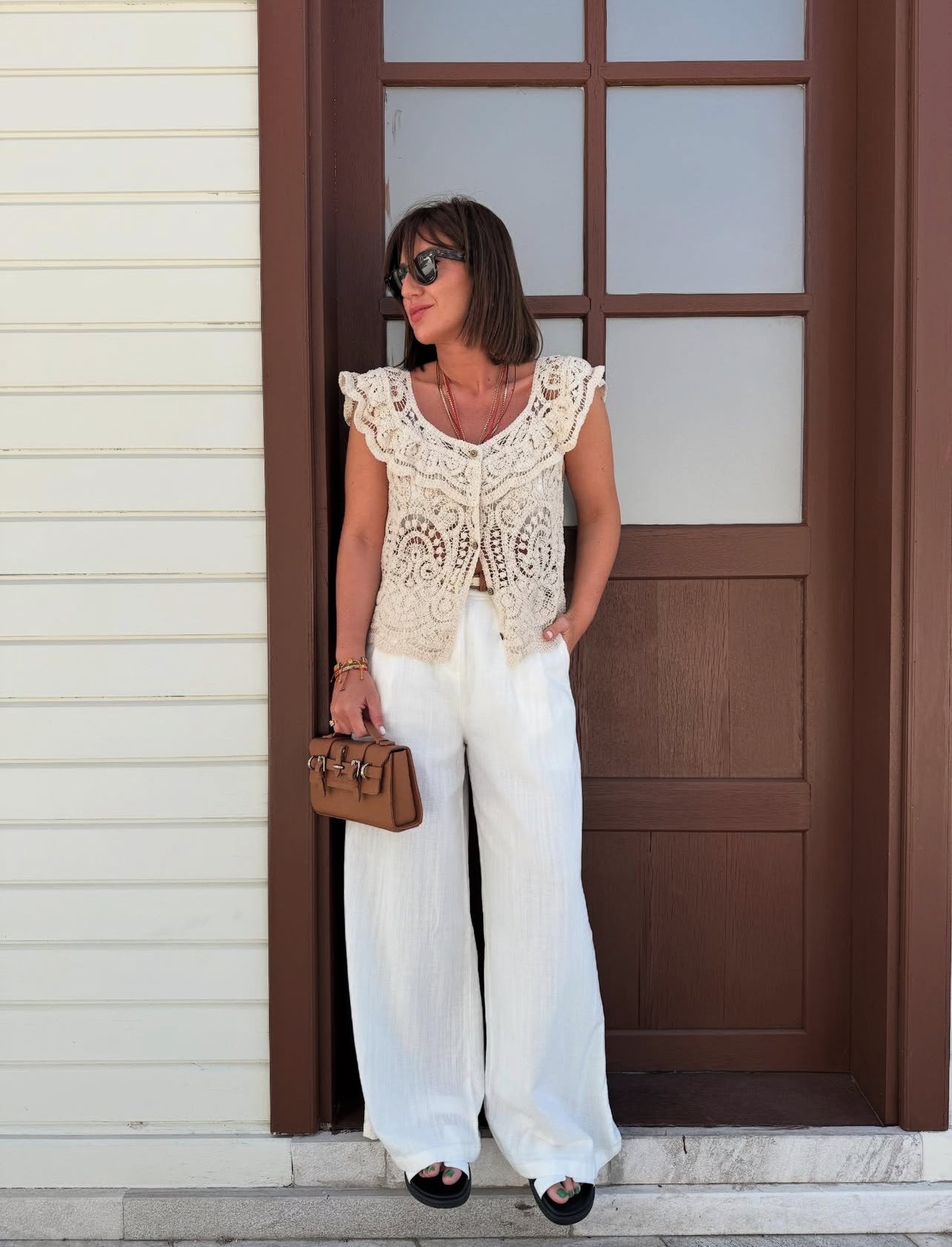 Crochet Beige Boat Neck Top