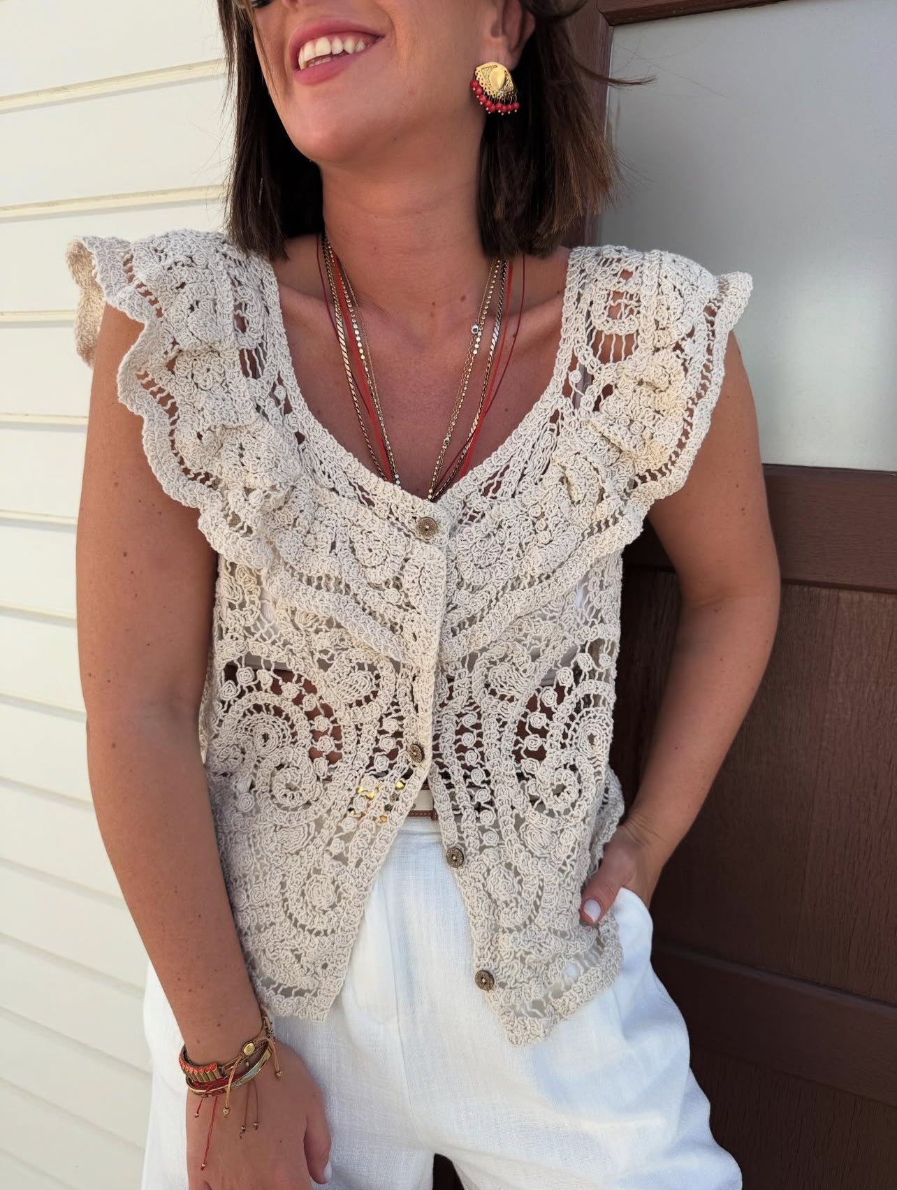 Crochet Beige Boat Neck Top