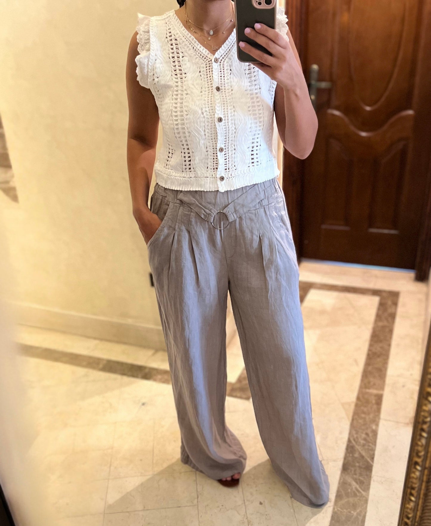 Italian 🇮🇹 Linen Greish Pants with Belt details