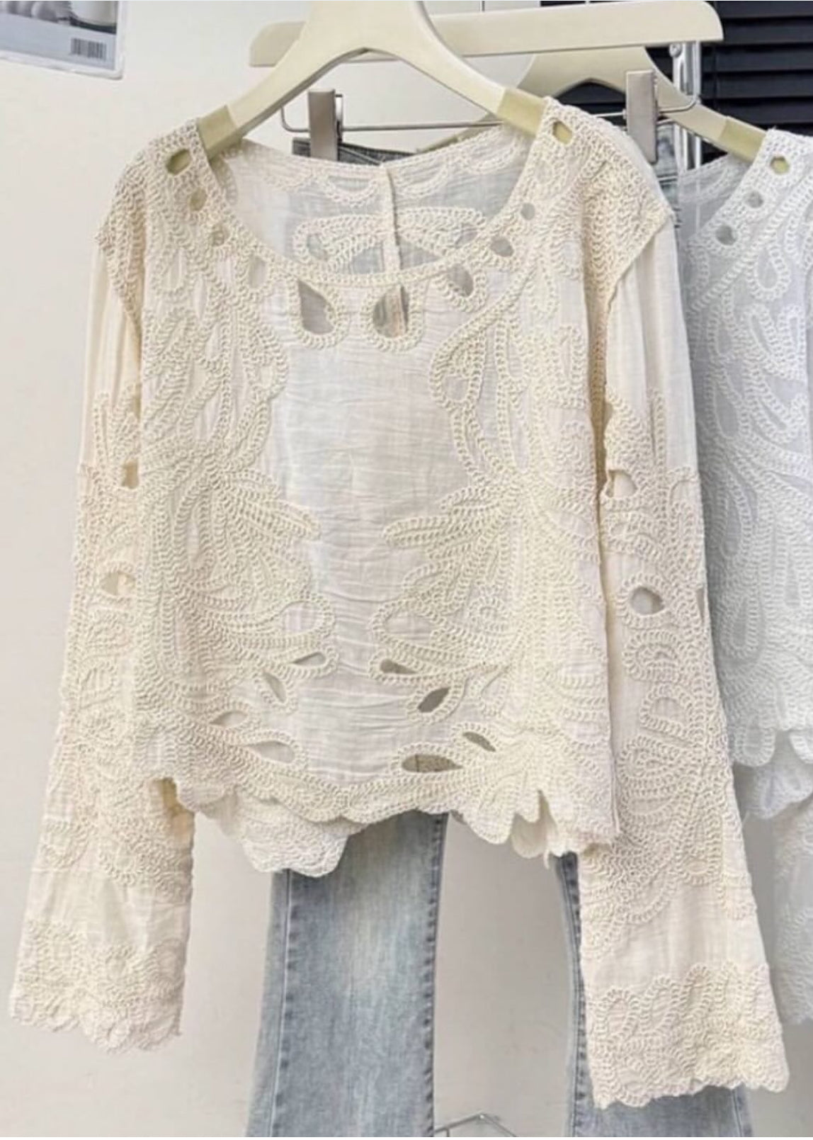 Beige Crochet Long Sleeve Blouse