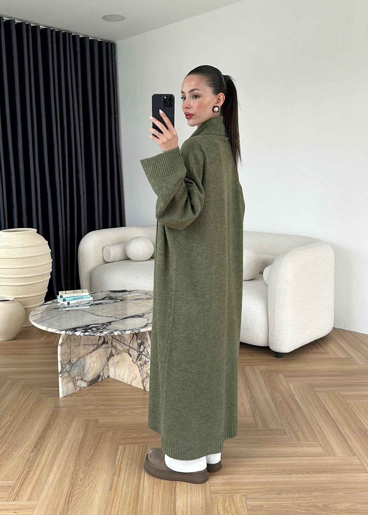 Long olive Wool Cardigan