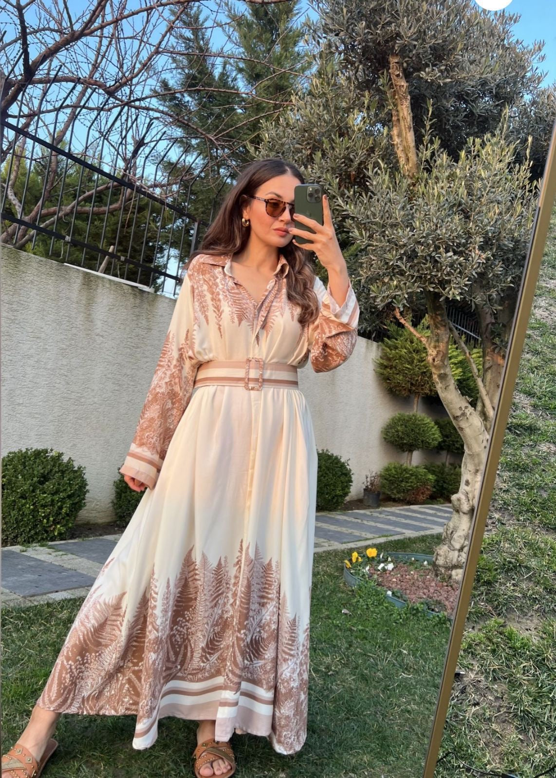 Beige Leaves Shirt Dress With Belt