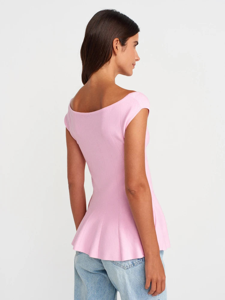 Boat Neck Flounce Knitted Blouse