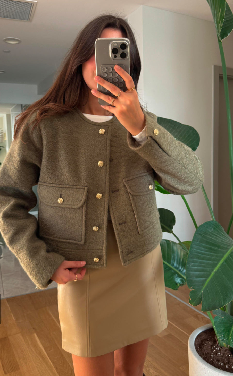 Zra model gold button olive jacket