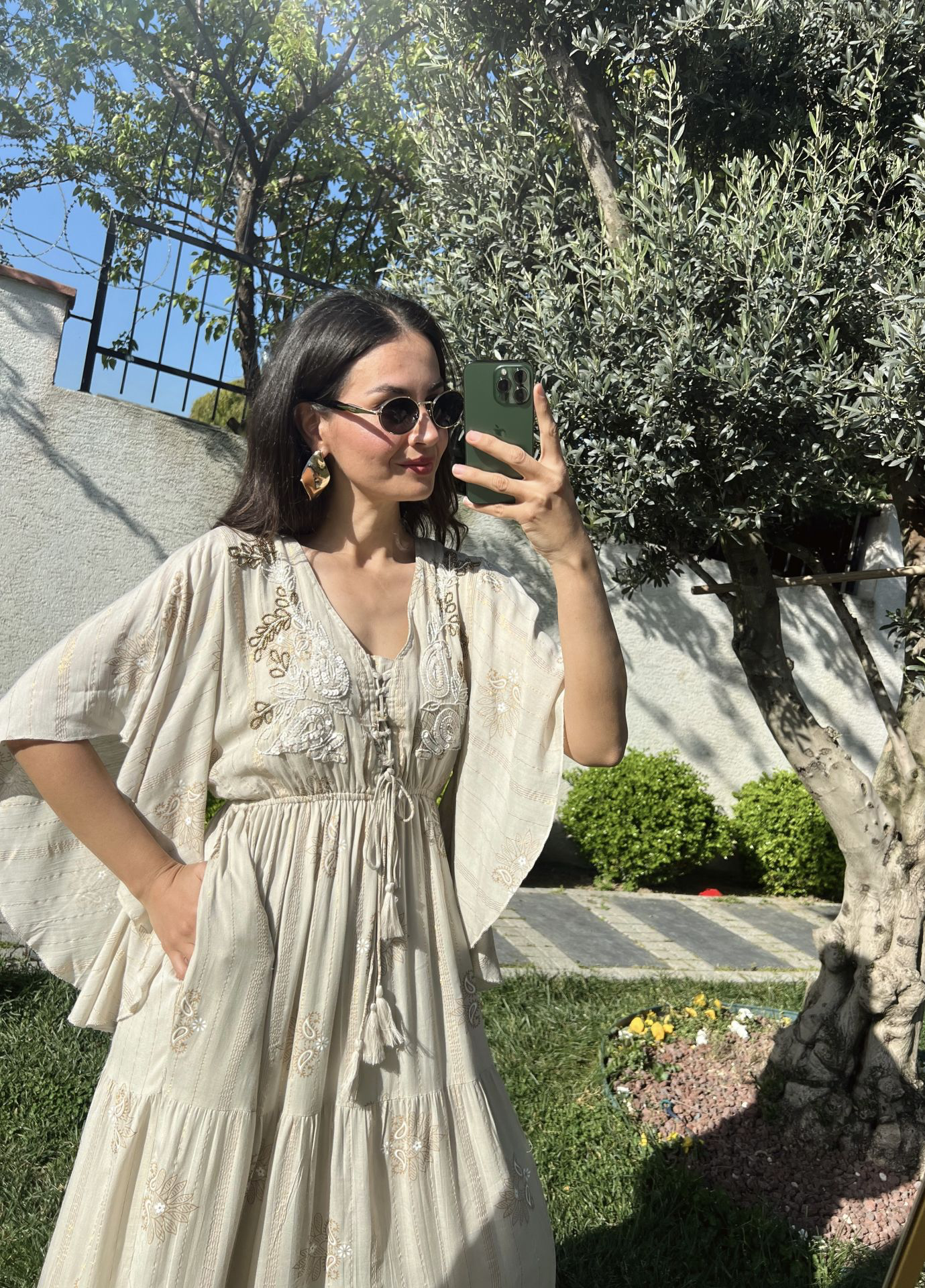 Embroidered Beige Maxi Dress
