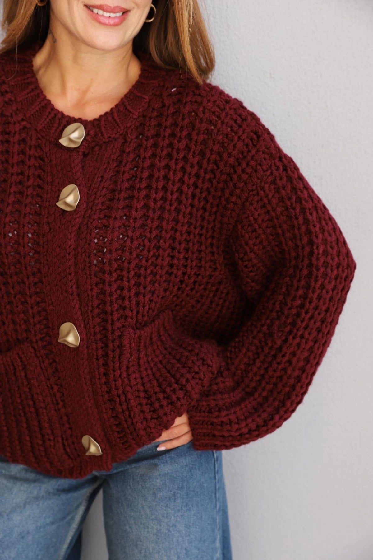 Burgundy Golden Buttons Triko Sweater