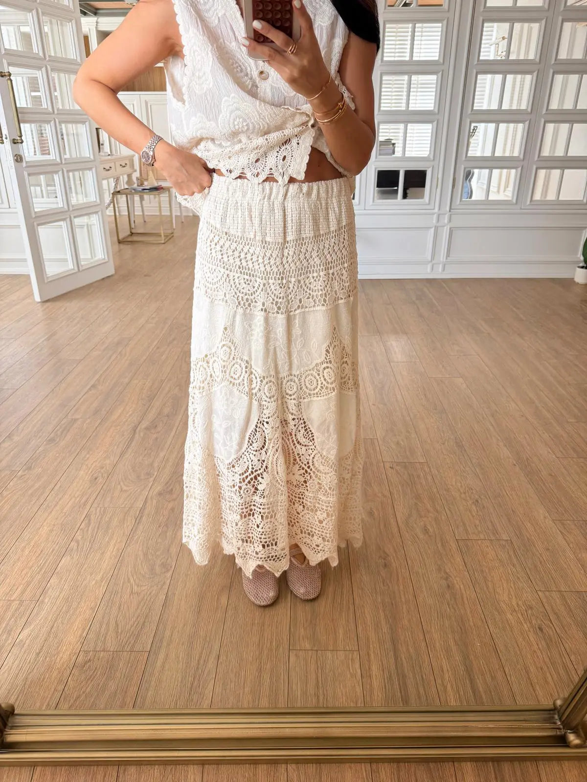 Emilly Beige Lined Premium Cutwork Skirt