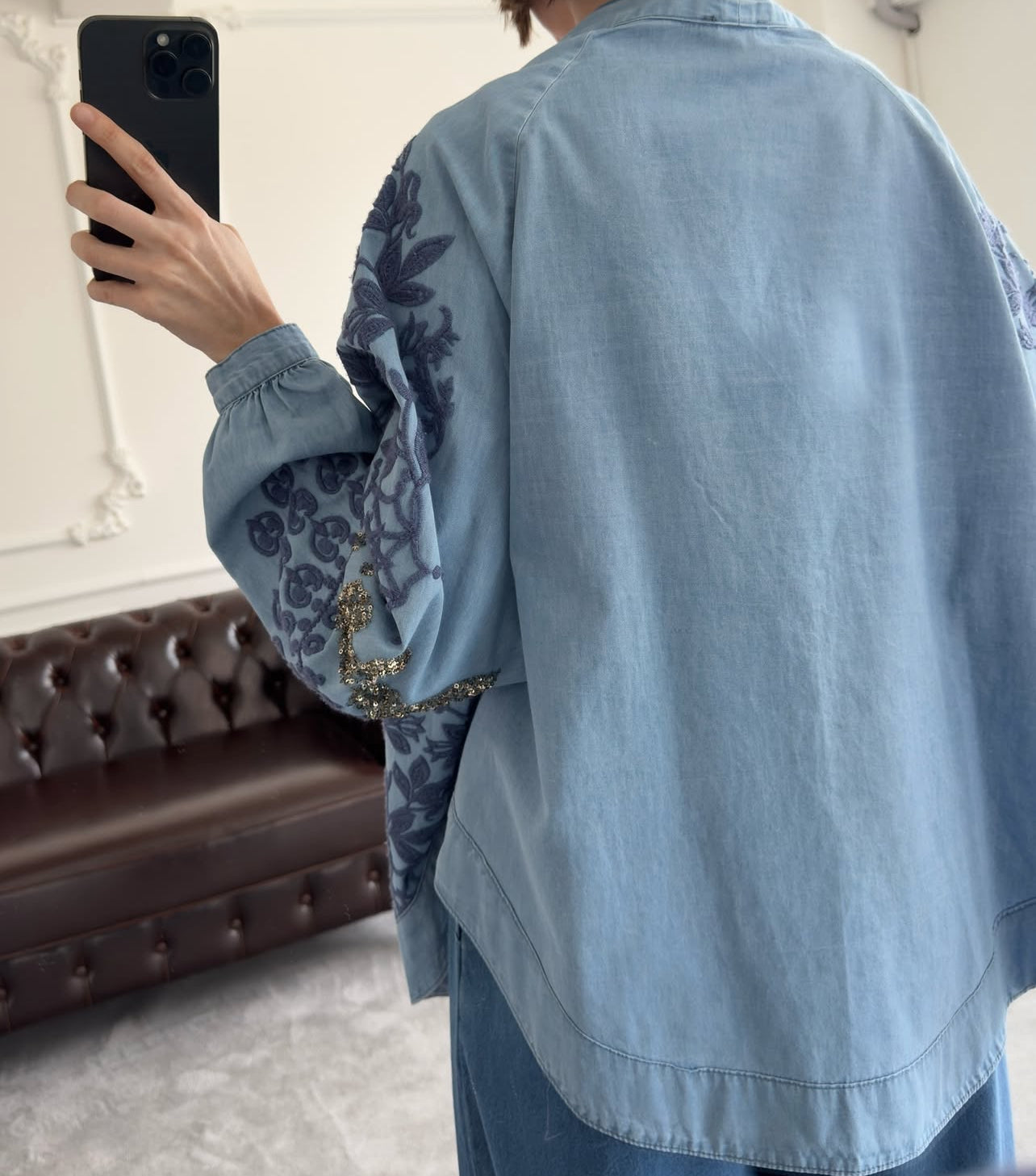 Navy Embroidered with Sequins Denim Cardigan