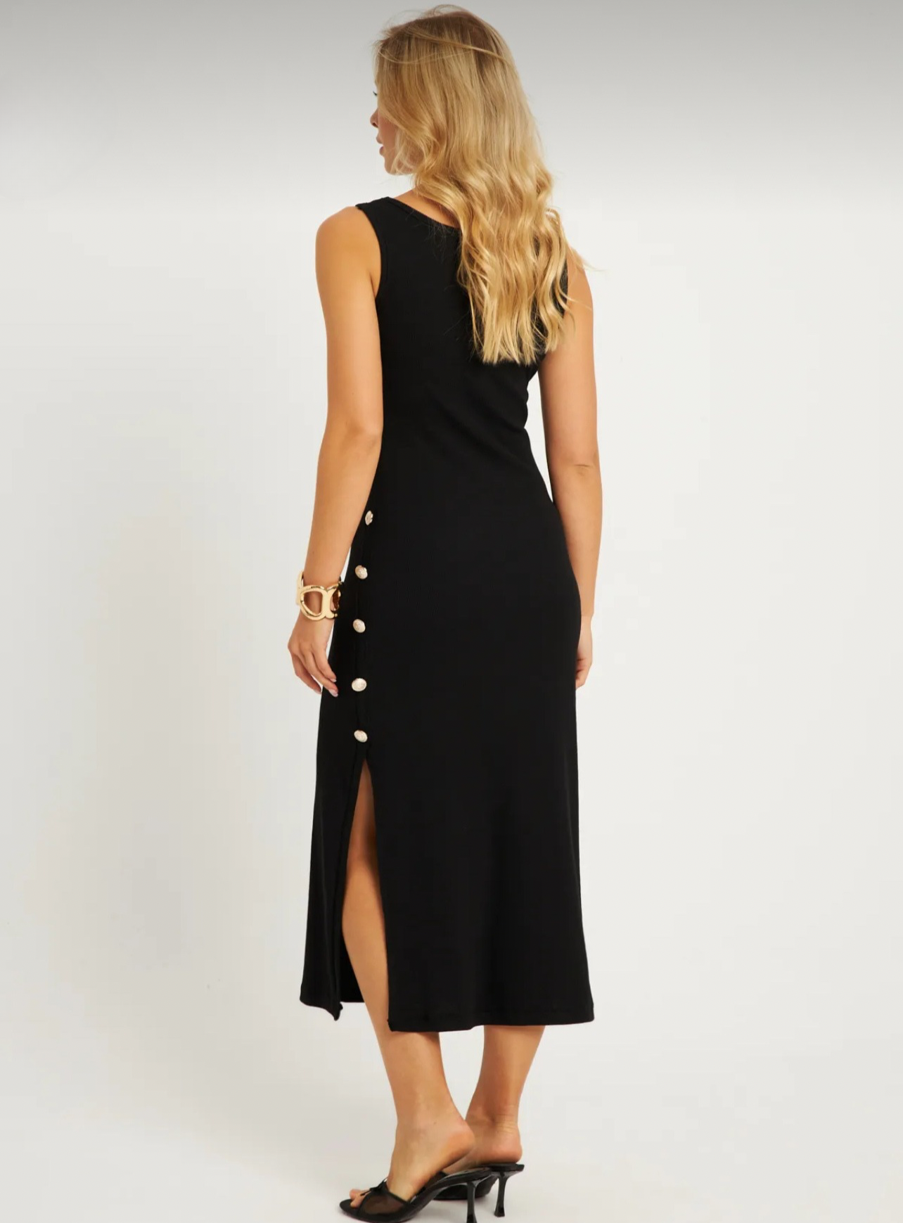 Cotton Black Dress With Gold Buttons