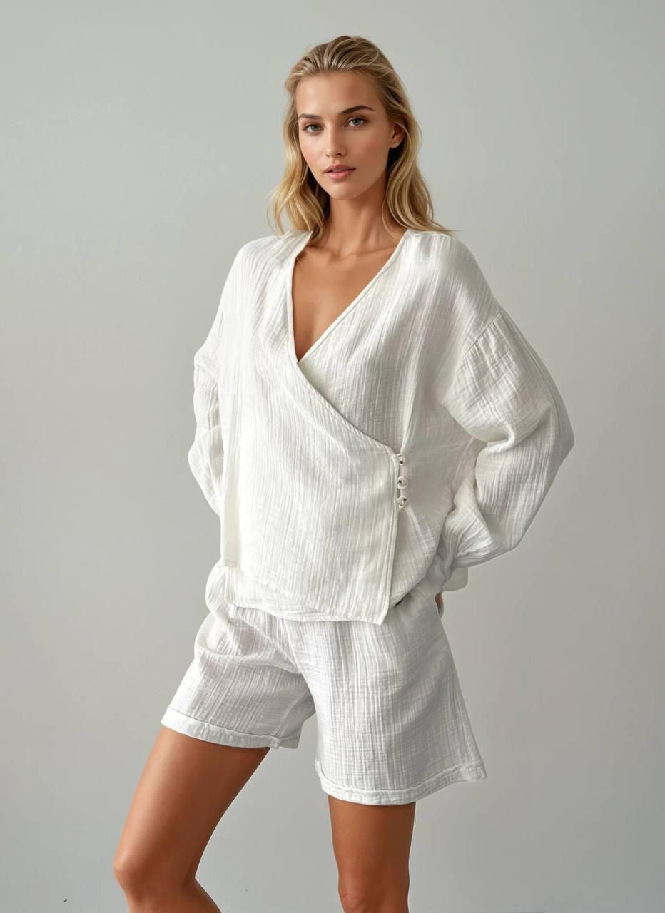 Muslin Cotton white Blouse/Short Set