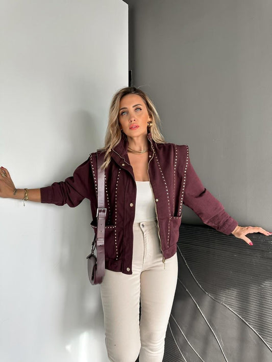 Burgundy Studded Shoulder Detailed Design Denim Jacket