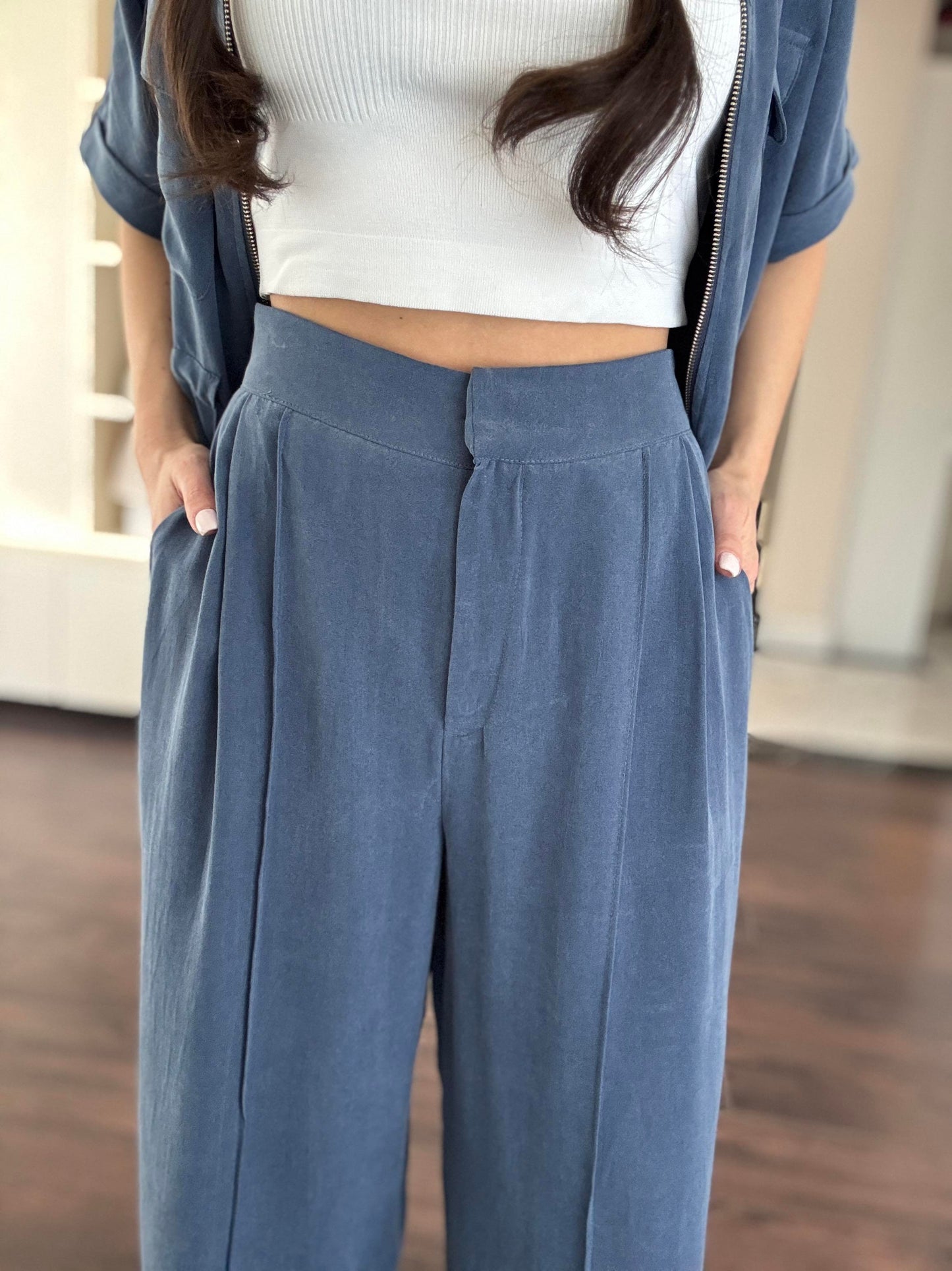 Viscose washed Blue Set with Zipper details