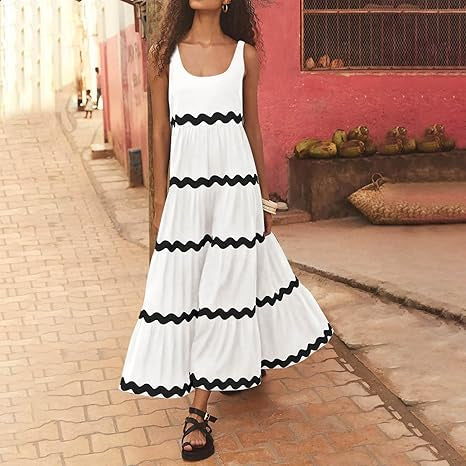Offwhite Midi Dress with Black zigzag