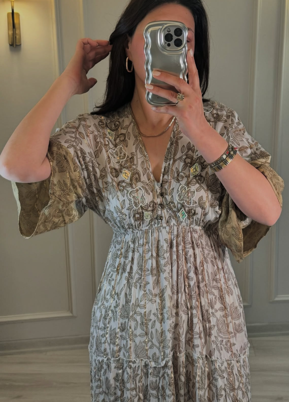 Embroidered Beige/Gold Maxi Dress
