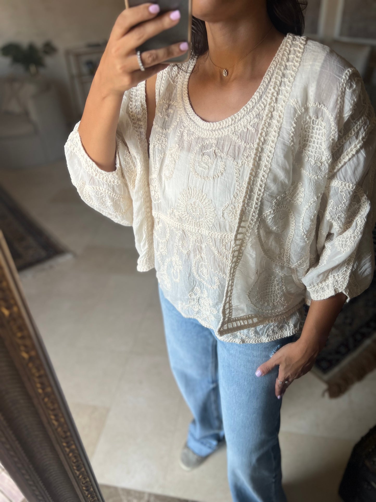Beige Crochet 2 Pieces Cardigan with sleeveless Top