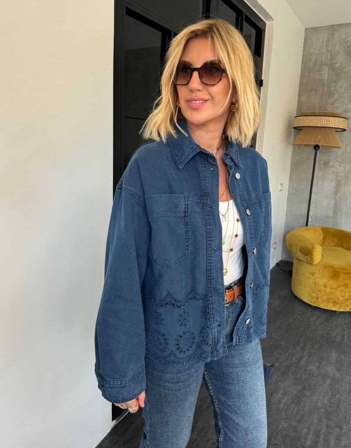 Navy Blue Denim Jacket with Scallop Detail