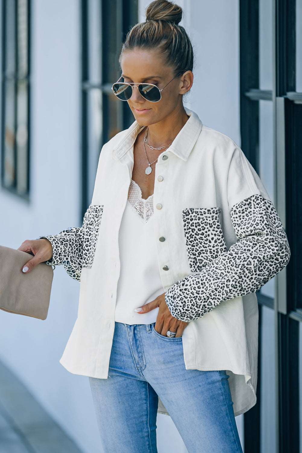 Double Take Leopard Contrast suede Top