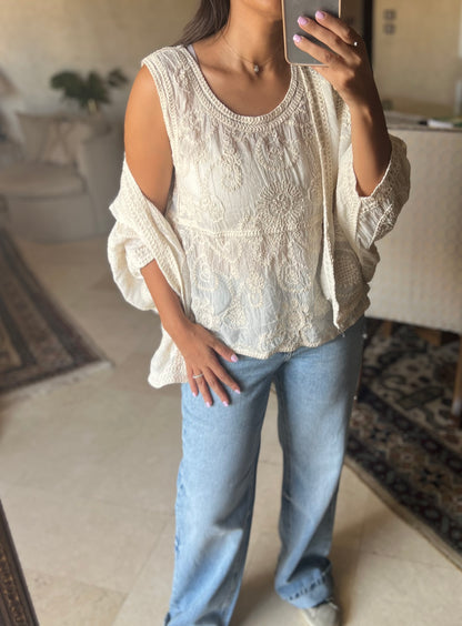 Beige Crochet 2 Pieces Cardigan with sleeveless Top