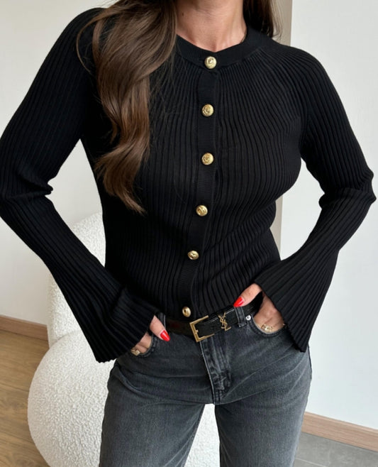 Striped Black Gold Button sweater